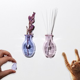Nuvretk 2PCS Mini Glass Cat Whisker Vase - Fridge Magnet Cat Whisker Holder with Strong Adhesive, Clear Miniature Vases for Keepsake or Décor（Pink and Purple）