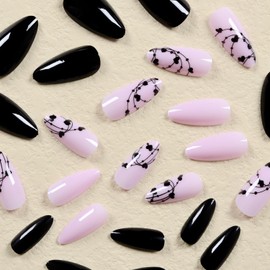 Valentine's Day Press on Almond Nails-24Pcs Artificial Black False Nails with Black Love Heart Designs Heart Full Cover Medium Acrylic Fake Nails Glue Stick on Fingernails for Women Girls