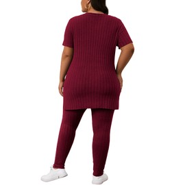 Tycorwd Women's Plus Size Two Piece Outfits Sweatsuits Sets Short Sleeve Jogger Set Tracksuit Lounge Sets Wine Red 3XL