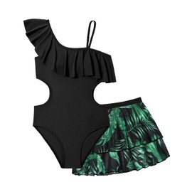 Doumlop - Traje de baño de una pieza para niñas con corte y falda de malla, traje de baño para niñas de 9 a 16 años, traje de baño de verano para la playa, Negro -, 13-14 Años