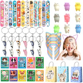Cat Party Favors, 72pcs Kitty Party Favors Set Including Cat Goodie Bags Ears Headband Stickers Keychains Slap Bracelets etc Cat Themed Party Favors for Cat Birthday Party Decorations Supplies