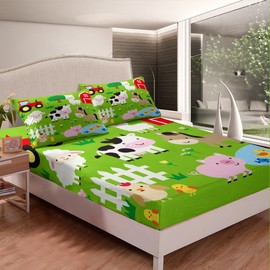 Manfei Farm Animals Sheet Set Cow Horse Pig Hen Chicken Sheep Fitted Sheet Cartoon Animal Bedding Set 3pcs for Kids Microfiber Bed Sheet Set (1 Fitted Sheet + 2 Pillow Cases) Full Size