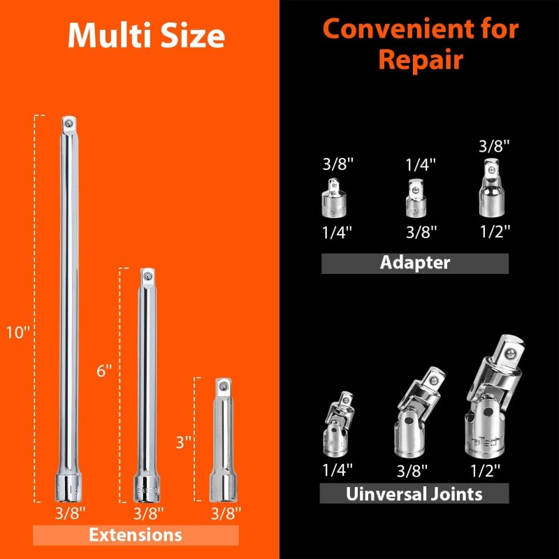 VALUEMAX 9PC Socket Accessory Set 3/8" Dr Extension Bar 1/4"