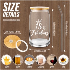 Lallisa 6 Pack 18th Birthday Gifts for Girls Drinking Glasses with Lids and Straw 18th Birthday Decorations Clear Coffee Glass Cups for Daughter Granddaughter Niece Student Party Supplies Favors