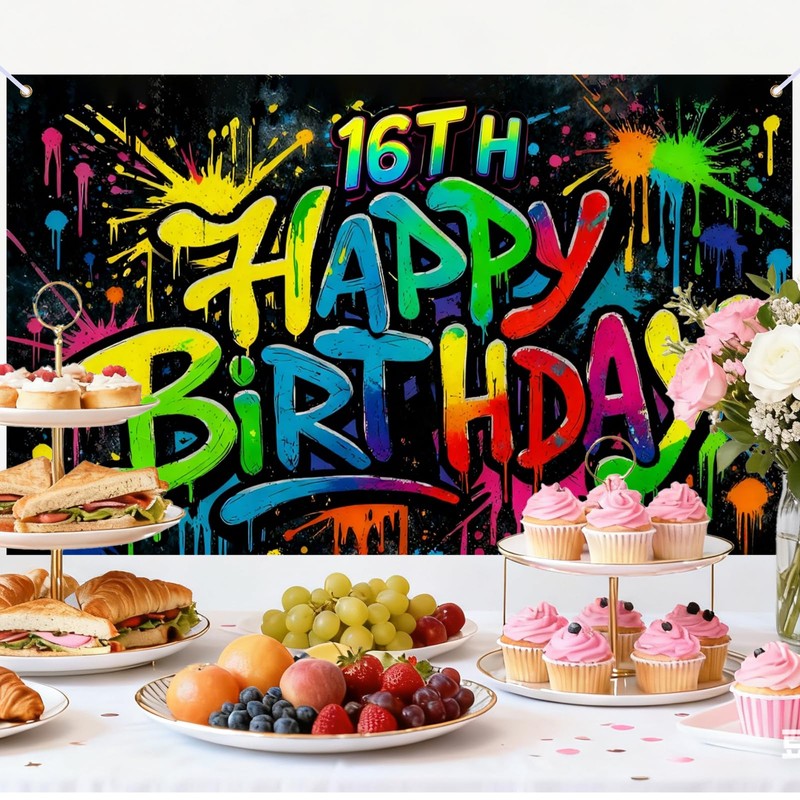 16th Birthday Banner Polyester Graffiti Backdrop Decor 71"x43