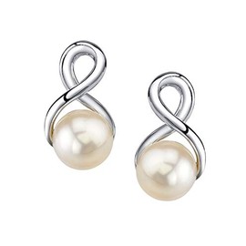 THE PEARL SOURCE 9-10mm Genuine White Freshwater Cultured Pearl Infinity Earrings for Women