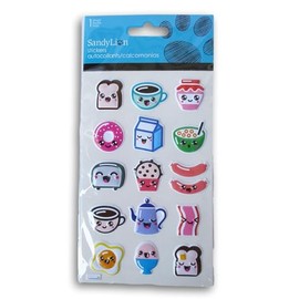 Cute Smiley Faces on Foods (Hotdogs, Coffee, Donut, Egg Teapot) Kawaii Puffy Stickers for Crafts, Scrapbooks, Rewards - 16 Pc