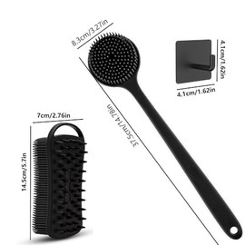 Cepillo Silicona Tres Uno Baño Mango Largo Masaje Espalda Limpieza Por Ambos Lados Cuero Cabelludo Gancho Colgar Pared Caja Black