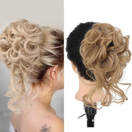 Messy Bun Hairpiece Hair Scrunchie Updo Hairpiece Hair Piece Curly Wavy Large Hair Bun Scrunchies Extensions Synthetic Hair Updo for Women Girls (24/27 (Natural Blonde/Honey Blonde)