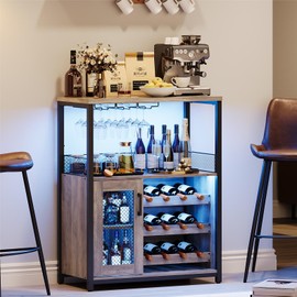 IDEALHOUSE Wine Bar Rack Cabinet with LED Light, Adjustable Shelves Coffee Bar Cabinet with Mesh Door and Baffle Design, 36 in Tall Small Liquor Bar Cabinet for Home, Kitchen, Dinning Room, Grey