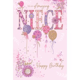 Cherry Orchard | Amazing Niece Birthday Card | Gorgeous Pink & Purple Balloons | Shiny Gold Foil Details | Complete with Envelope