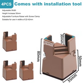 Pack of 4 Furniture Risers, 5 cm, Adjustable Bed Raisers with Screw Clamp, Heavy Duty Chair Risers, Furniture Raisers for 22-42 mm Wide Square & Round Chair Leg (5 cm, Brown)