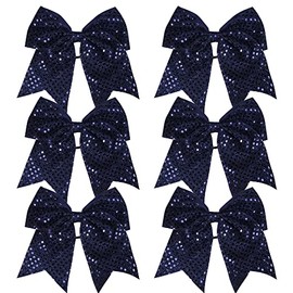 8 Inch Cheer Bows Cheerleader Ponytail Holder with Bling Fling Sequin Hair Tie Cheerleading Bows 6 Pcs (Navy Blue)
