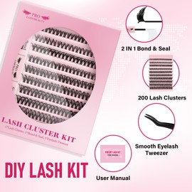 Pro DIY Eyelash Extension Kit, Individual Eyelash Kit with 200 Pieces 40D Cluster Eyelashes, Bond and Sealer, Eyelash Applicator Starter Kit (40D DIY Lash Kit-A)