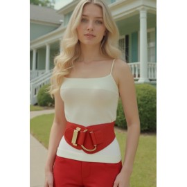 Unbranded Women Red Elastic Faux Leather Belt Gold Metal Hook Buckle Day Night Wear L XL