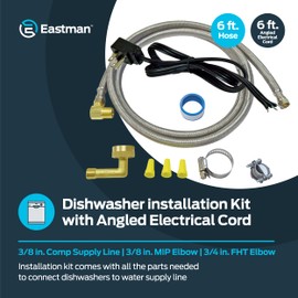Eastman 6 Ft. Dishwasher Installation Kit, Braided Stainless Steel Supply Line with 3/8 Inch Compression Ends, 3-Prong Straight Power Cord, 41150