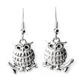 Owl on Branch – Big Eye Brows - 17x16mm - Tibetan Silver charm dangle earrings. Hypoallergenic Stainless-Steel Fishhook or Silver Plated Ball-Post, or Clip-on Earrings Opt.