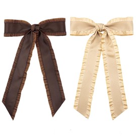 GiLi 2PCS Hair Bows for Women Girls, Brown Khaki Bow for Hair Slides Metal Clips Cute Ruffled Edge Satin Ribbon Accessories for Toddlers Teens Kids