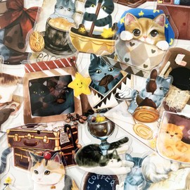 50pcs Cartoon Magic Cat Stickers, Waterproof Transparent PET Sticker Pack for Laptops,Phone,Bumper,Skateboard,Water Bottles,Bike,Guitar, Cute Cafe Kitten Decals for Kids Teens Adults