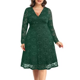 Plus Size Wedding Guest Dresses Emerald Green Mother of Bride Cocktail Fall Wrap Lace Formal Long Sleeve Midi Dress