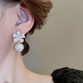 Xmsrn Vintage Pink Oil Flower Stud Earrings Boho Pearl Drop Earrings Oil Drop Flower Dangle Earrings Statement Pearl Earrings For Women, Zinc, No Gemstone