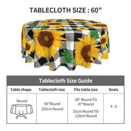 Sunflower Tablecloth Black and White Plaid Tablecloth Round Tablecloth 60 Inch Washable Table Cover Reused Farmhouse Tablecloth Home Parties Holiday Dinner Party Dining Room Decor