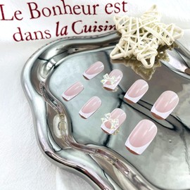 LWTZLW French Tip Press on Nails Medium Square False Nails 3D Bow Charms Full Cover Glue ons Nails Coffin Acrylic Fake Nail White French Tip Glossy Artificial Nail Reusable for Women