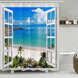 Simpomsy Beach Shower Curtain, 3D Ocean Seascape Sky Clounds Nature Tropical Palm Tree Seagull Window Views Anti Mould Bath Curtains for Bathroom 150x180cm