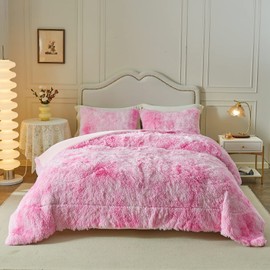 Wajade Faux Fur Plush Pink Comforter Set Fluffy Fuzzy Shaggy Bedding Set - 3PC Full/Queen Microfiber Soft Warm Quilt Set