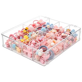 KKONHII Hair Accessories Organizer with Lid Clear Hair Tie Organizer with Dividers for Headband bows Cotton Swab 8 Compartments Stackable Storage box for Bathroom Bedroom