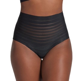 Leonisa Seamless High Waisted Thong Panty with Lace Stripe for Women - Slimming Tummy Control Underwear Black