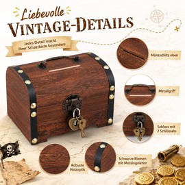 Katleay Wooden Treasure Chest Children's Birthday Treasure Chest Children's Birthday Treasure Chest with Lock and Key for Storage, Children's Gift (17.5 x 13 x 12.5 cm)