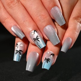 Sethexy Coffin Press on Nail Medium - Gray, Blue Gradient, Cat Eye, Summer, Coconut Tree Design Acrylic False Nail for Women 15 Sizes - 30 Pcs Soft Gel Nail Kit with Glue