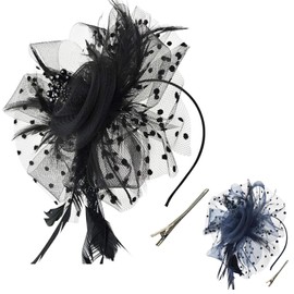 DRESHOW Fascinators Hat Tea Party Headwear Ribbons Feathers on a Headband and a Clip for Girls and Women