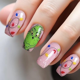 Gemmicho Christmas Press on Nails Short Square Fake Nails With Glitter Design Acrylic Nails Santa Claus Dwarf Design Glossy Xmas Press on Nails for Women Holiday Manicure (Monster 2, 24 Pcs)