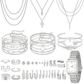 NEWITIN 49 Pieces Silver Jewelry Set for Women Fashion Costume Jewelry Silver Plated Necklace Bracelet Watch Ring Earrings Set for Women