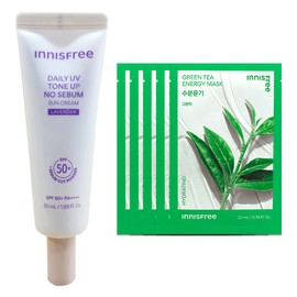 Innisfree Daily UV Tone Up No-Sebum Sun Cream 50ml (Lavender) + 5 Green Tea Masks / 이니스프리 데일리 유브이 톤업 노세범 선크림 50ml (라벤더)+그린티 마스크 5매