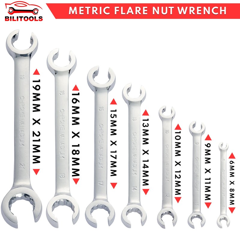 BILITOOLS 12-Piece Flare Nut Wrench Set, Metric & Standard, 12-Point