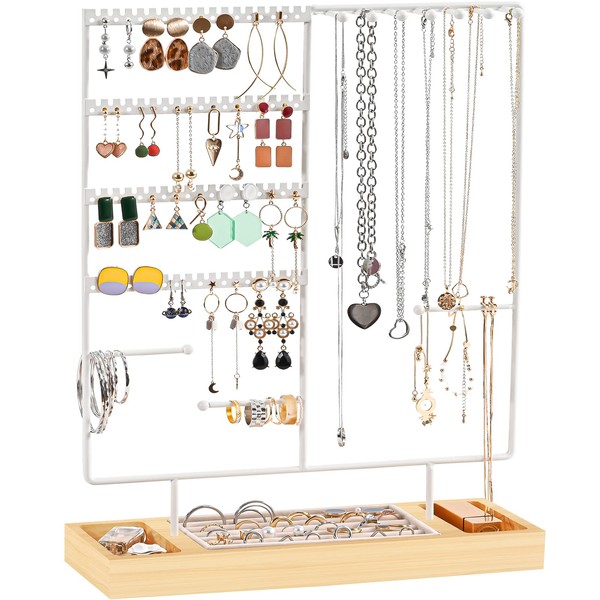 ProCase Jewelry Holder Organizer Earring Stand, 144 Holes Stud Earring Display Rack Necklace Storage Tower with Removable Wood Ring Tray -White