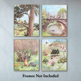 Classic Winnie the Pooh Nursery Wall Art - Vintage Woodland Decor, Baby Boy Shower, Baby Girl Print, Kids Room Art (Set of 4 - Unframed)