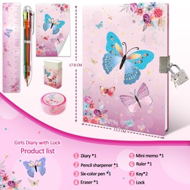 GINMLYDA Girls Diary with Lock,Kids Journal Set for Girls Includes Notebook Memo Pad Glitter Pen Ruler Sharpener Eraser in One Jouranl Kit Pink Butterfly