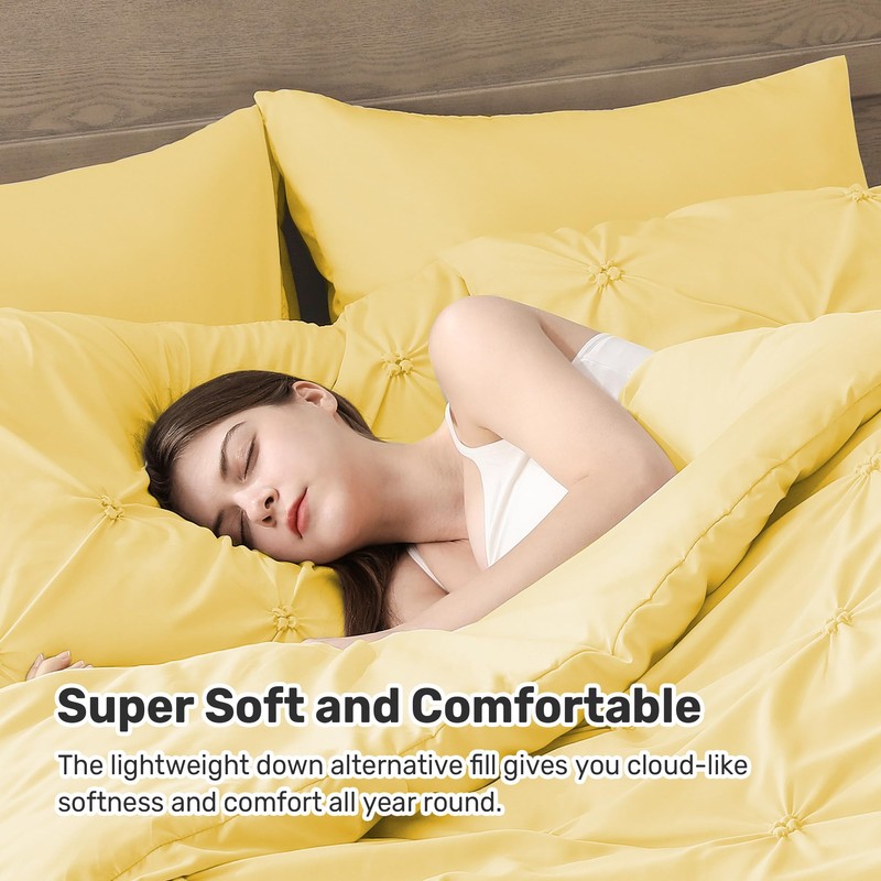 UNIKOME King Size Comforter Set Yellow - Lightweight Soft Pintuck