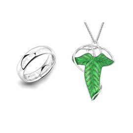 The One Ring to Rule Them All For Men & Women,Lord of The Rings, Elegant Elven Green Tree Leaf Enamel Pins Brooch Pendant Necklace，Hobbit Stainless Steel Rings of Power Cosplay Jewelry (silver, 6)