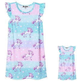 Princess Girls Unicorn Nightgowns Matching American Doll Night Dress Pajamas,Size 8 9