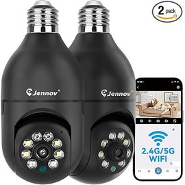 Jennov Light Bulb Security Camera, 360°/2k HD Wireless Camera, 5/2.4Ghz Wi-Fi Light Socket Camera with Auto Tracking, AI Human Detection, Compatible with Alexa for Indoor&Outdoor Home Security - pcs: Light Bulb Cam - Black