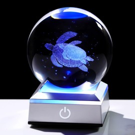 Crystal Ball 3D Sea Turtle with LED Colorful Base, 3.15" Animal Glass Tortoise Turtle Gifts for Women Mom for Mother's Day Christmas Office Home Decor