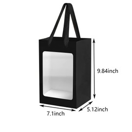 12 Pcs Black Kraft Paper Gift Bags with Transparent Window, 9.84"x7.0"x5.12" Kraft Shopping Bags with Handles for Bouquet Christmas Birthdays Festivals Party Weddings Wrapping