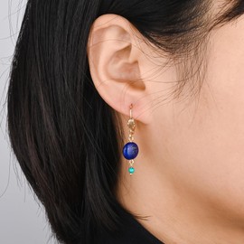 Blue Lapis Lazuli Leverback Earrings Petite Round Cabochon Natural Stone with Turquoise Bead Deco Dangle Earrings