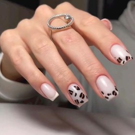 BAOYAALIN Press on Nails Medium Square French Aurora Fake Nails with Leopard Print Design, Press ons Artificial Acrylic Full Cover False Stick on Nail for Women Girls Daily Wear Wedding 24Pcs