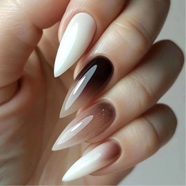 Ombre Press on Nails Stiletto Fake Nails Glossy Glue on Nails Brown Full Cover False Nails Artificial Nails Long Almond Nails Reusable Stick on Nails Acrylic Nails for Women Girls 24Pcs